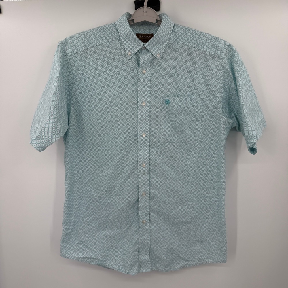 Ariat Mens Short Sleeve Button Down Shirt Blue Geometric Pattern Large